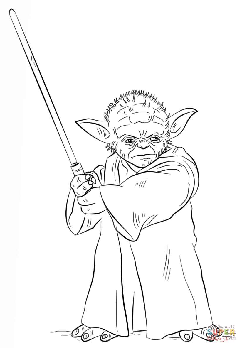 Yoda with lightsaber coloring page | Free Printable Coloring Pages