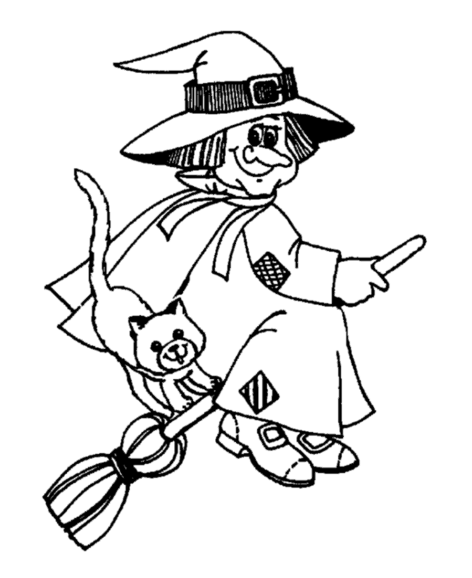 Halloween Witch Coloring Page - Witch with a cat riding a