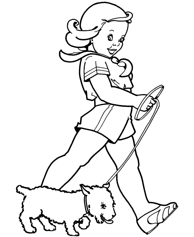 A Girl Walking her Dog Coloring Page | Animal pages of ...