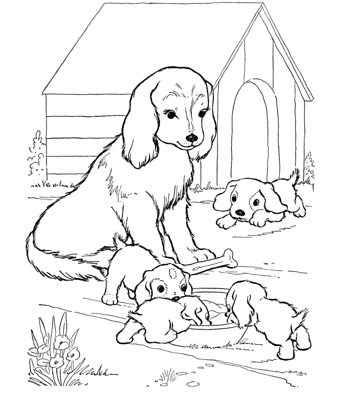 Dog Coloring Pages | Printable Mother dog watches her puppies