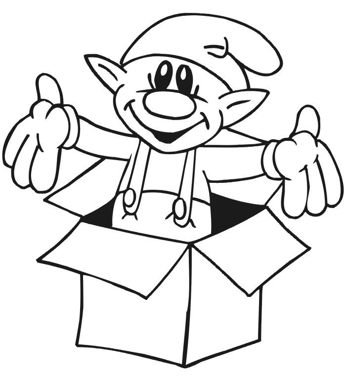 Christmas Elf Coloring Page | Elf Popping Out Of A Box