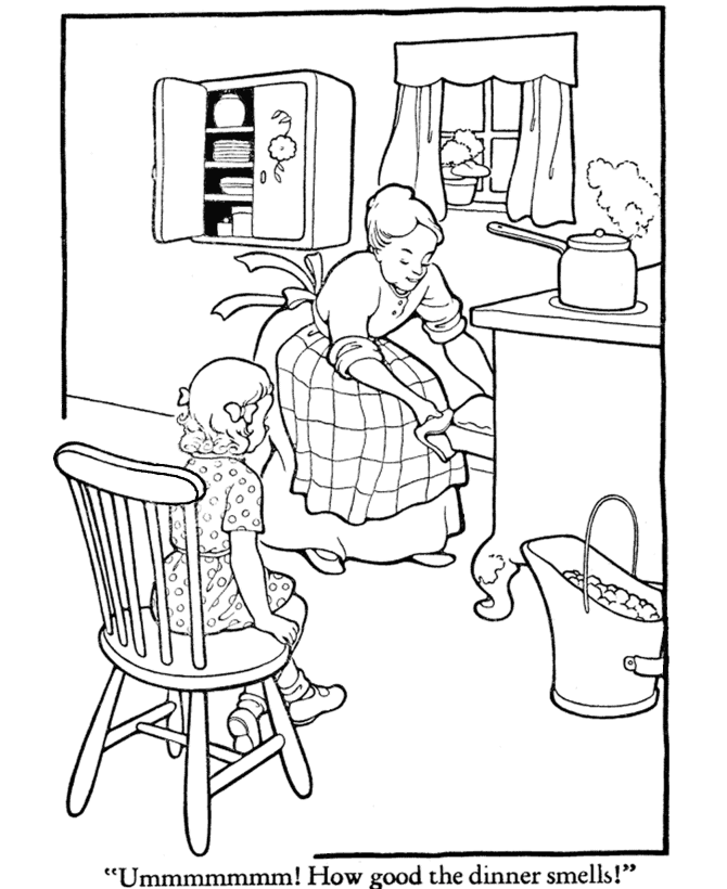 Thanksgiving Dinner Coloring Page Sheets - Mom and daughter baking
