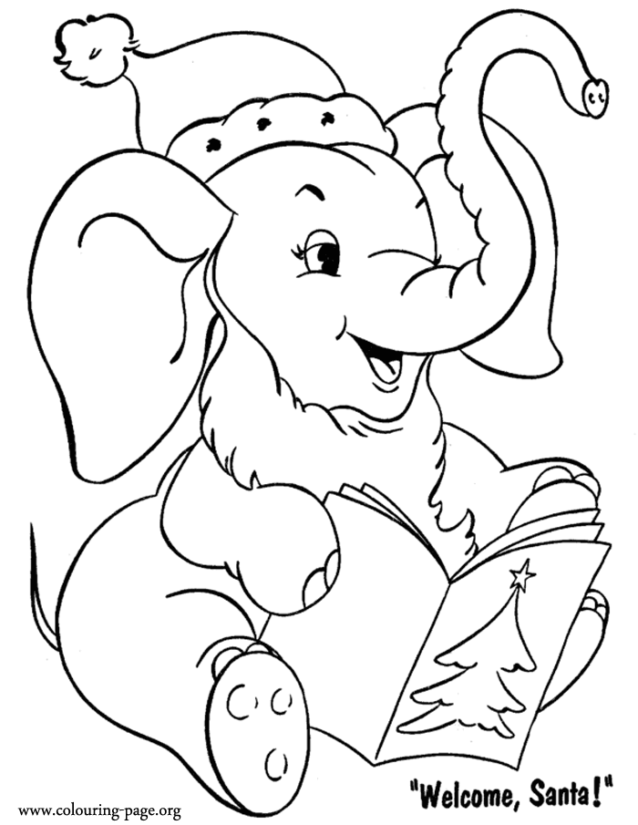 Christmas - Little elephant with a Christmas card coloring page