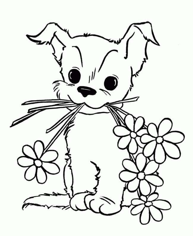 Puppies Coloring Pages : Cute Puppies With Flower Coloring Page