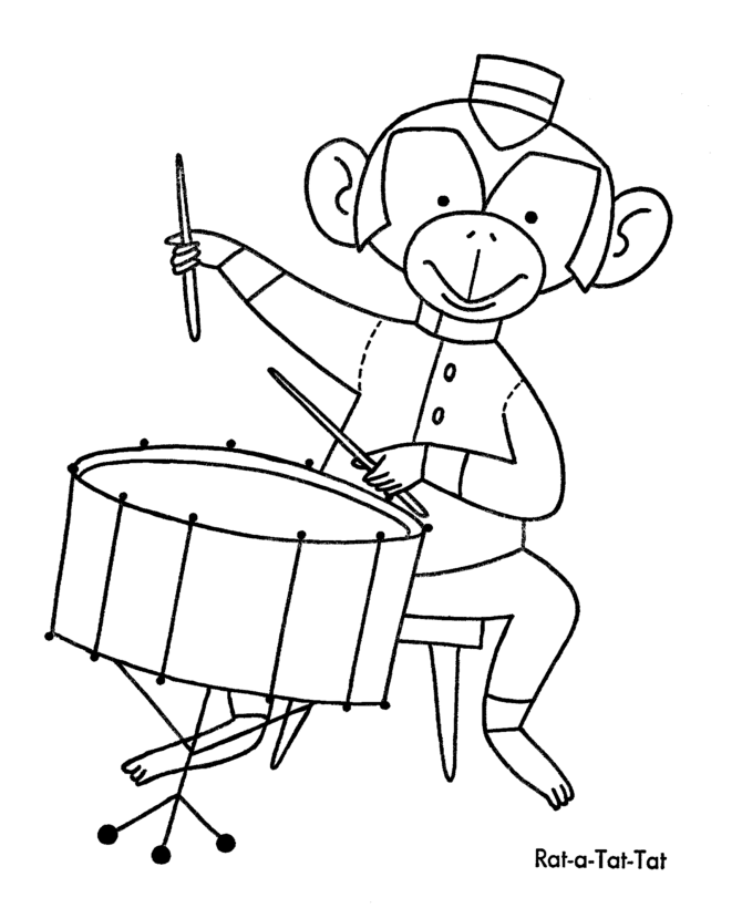 Christmas Toys Coloring Pages - Monkey Drummer Christmas Coloring