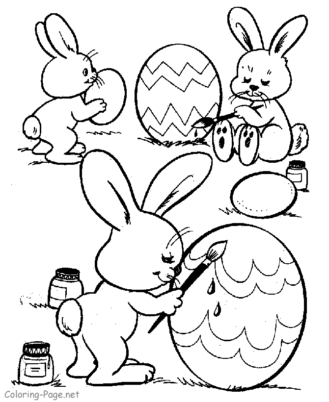 Easter Coloring Pages - Bunnies Painting Eggs