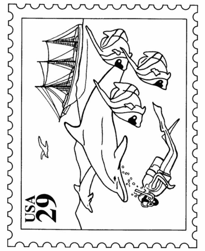 BlueBonkers: Dolphins and Fish Stamp - USPS Nature Stamp Coloring