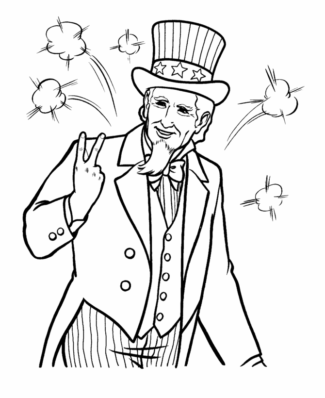 July 4th Coloring Pages - Uncle Sam flashes &quotV" for Victory