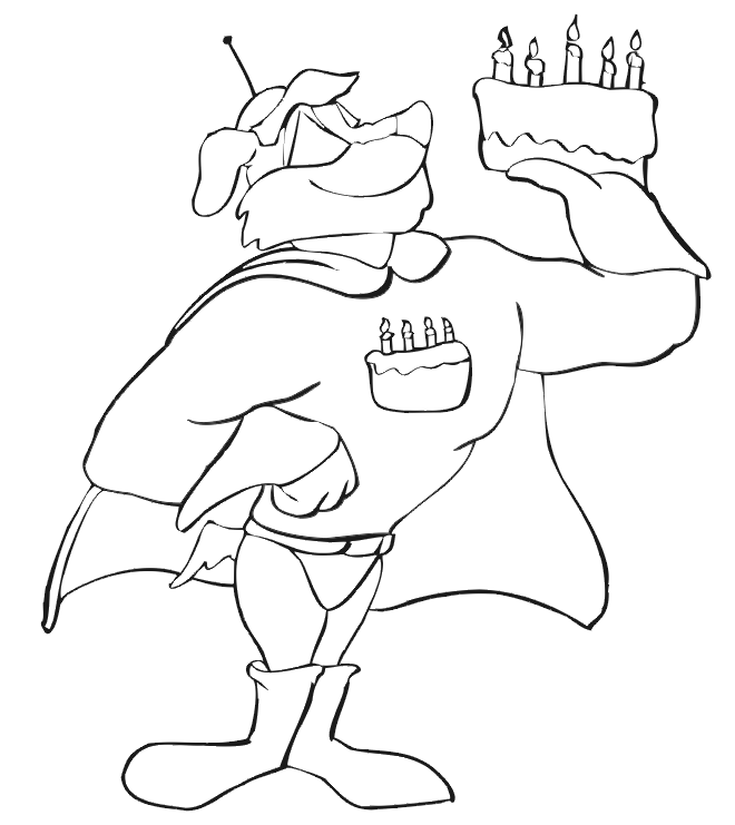 Birthday Coloring Page | A Superhero Dog Holding a Cake