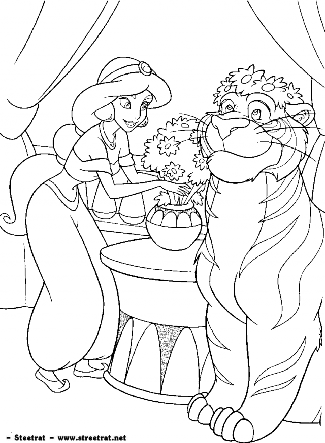 Princess Jasmine Aladdin Genie And Monkey Disney Coloring Page