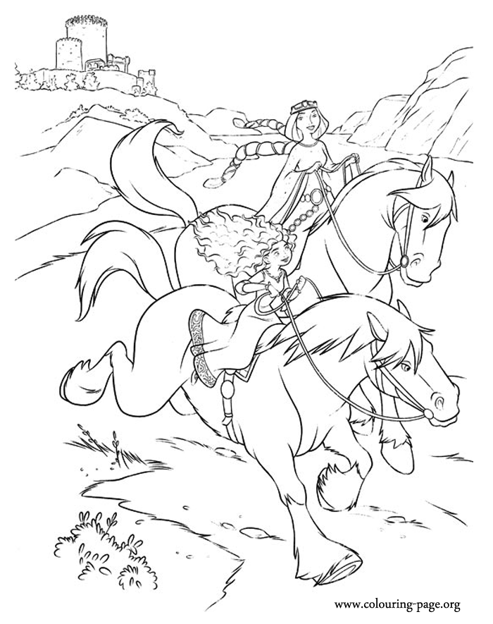 Brave - Merida and Elinor ride out on their horses coloring page