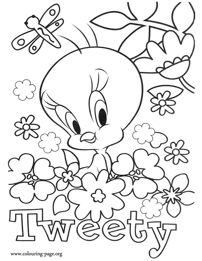 Tweety - Tweety surrounded by flowers and a butterfly coloring page