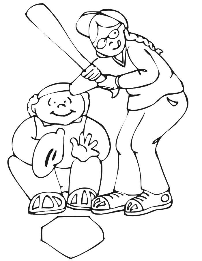 Printable Baseball Coloring Page | Girl Catcher and Batter