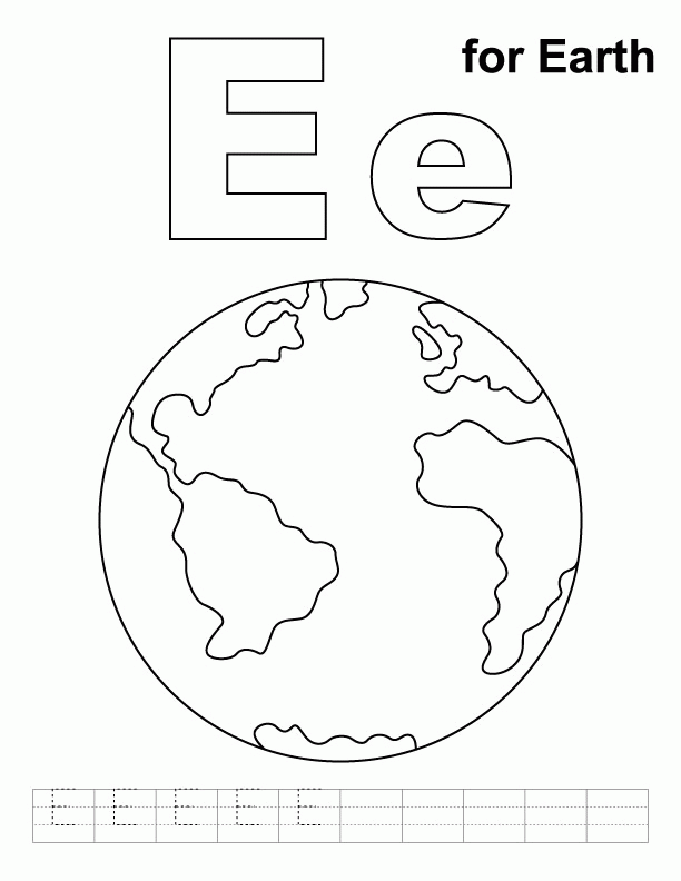 E for earth coloring page with handwriting practice | Download