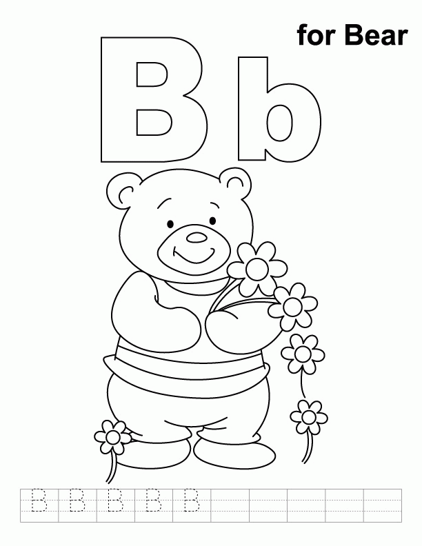 B for bear coloring page with handwriting practice | Download Free