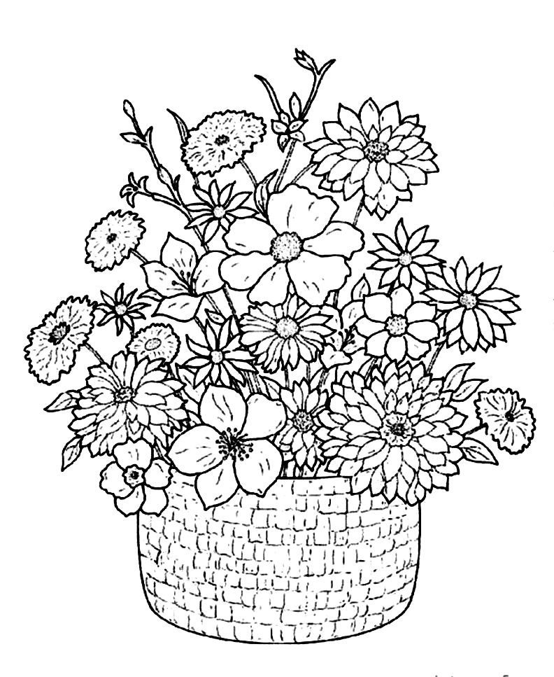 Download Flower Bouquet With Classical Basket Coloring Pages Or