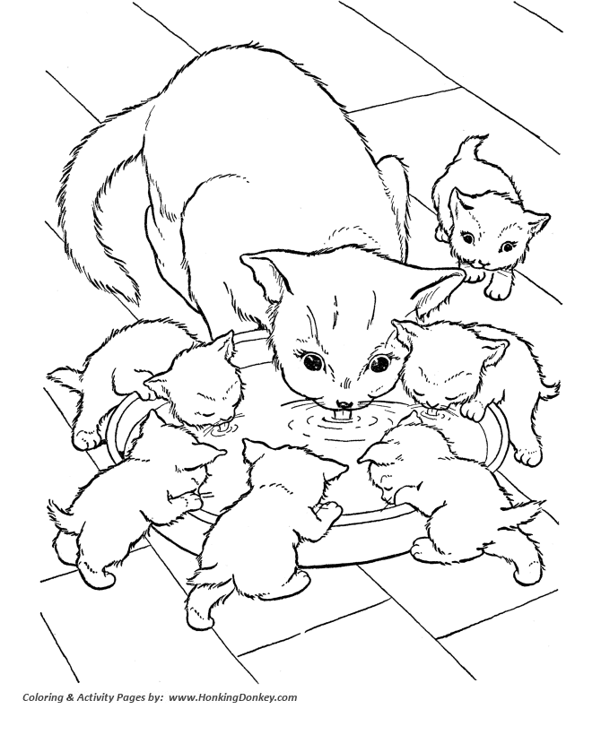 Cat Coloring Pages | Printable Cat and kittens drinking milk Coloring Page  | HonkingDonkey