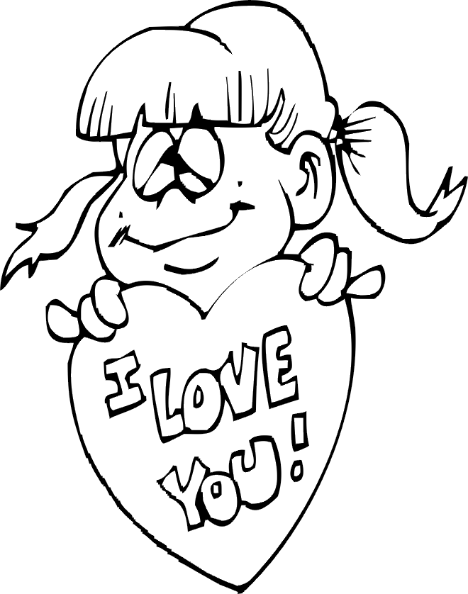 Valentine Coloring Page | A Girl Holding an I Love You Card