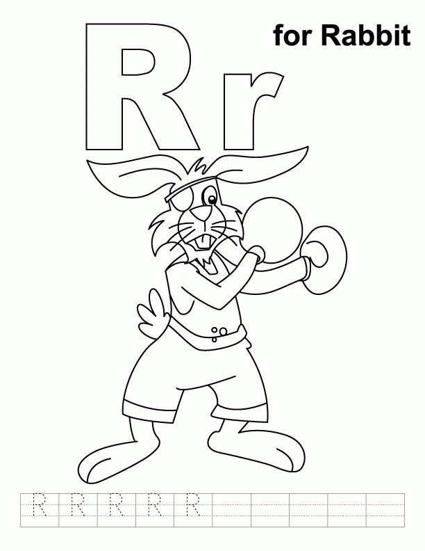 R for rabbit coloring page with handwriting practice | Download