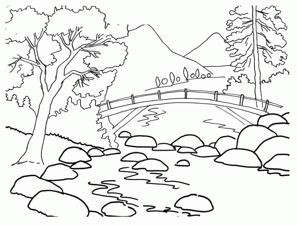 Beautiful River Bank Landscape Coloring Pages | Coloring