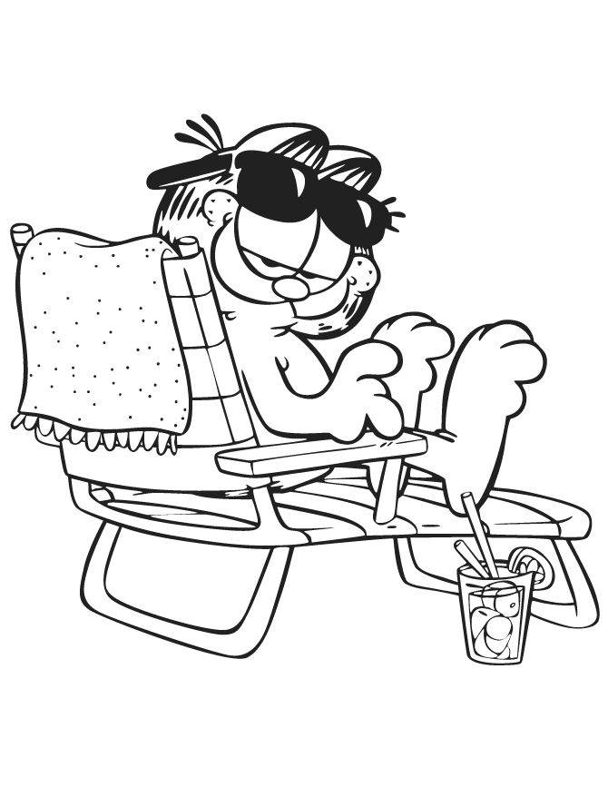 Garfield At The Beach Summer Coloring Page | HM Coloring Pages