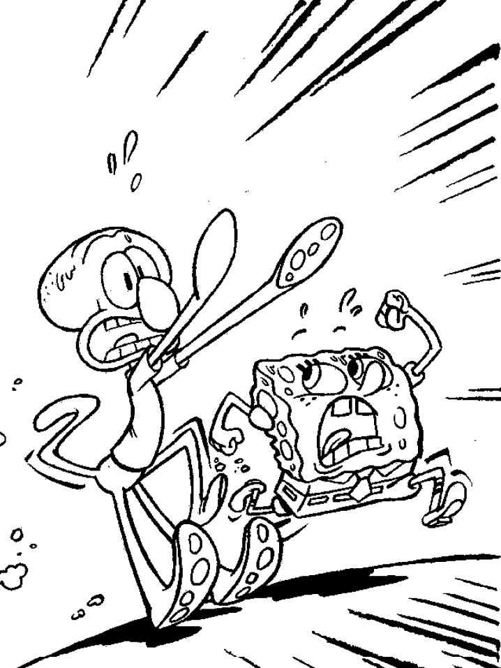 spongebob and squidward running coloring page | Crayon Pages
