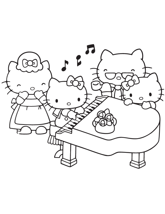 Hello Kitty Playing Piano With Family Coloring Page | Free