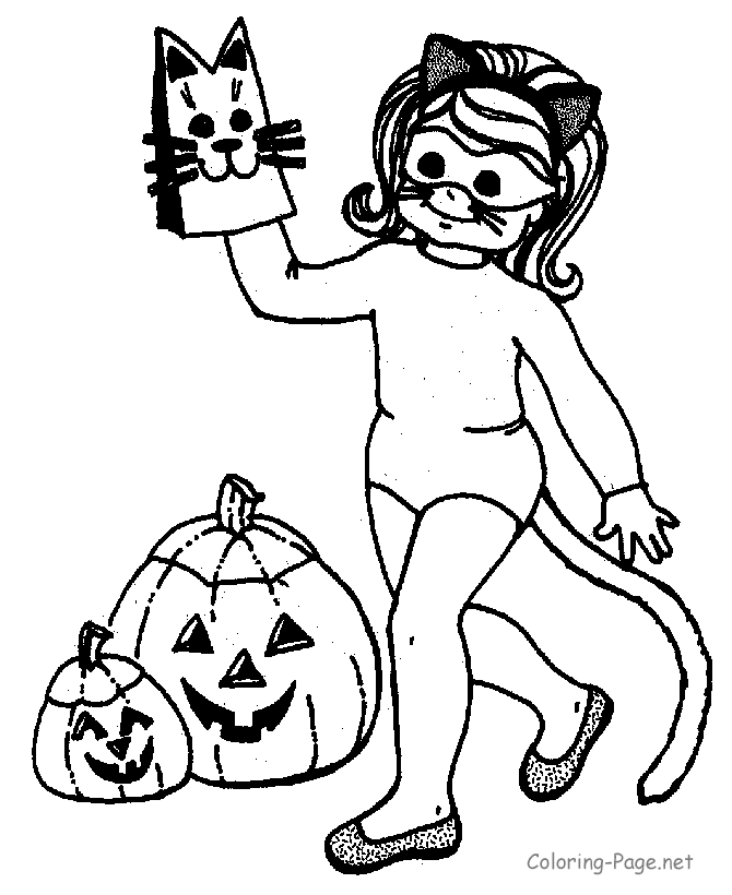 Halloween Coloring Page - Girl in Cat Costume