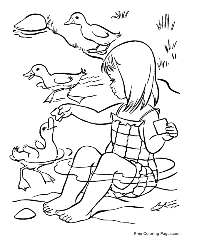 Summer Coloring Book Pages - Feeding Ducks 10