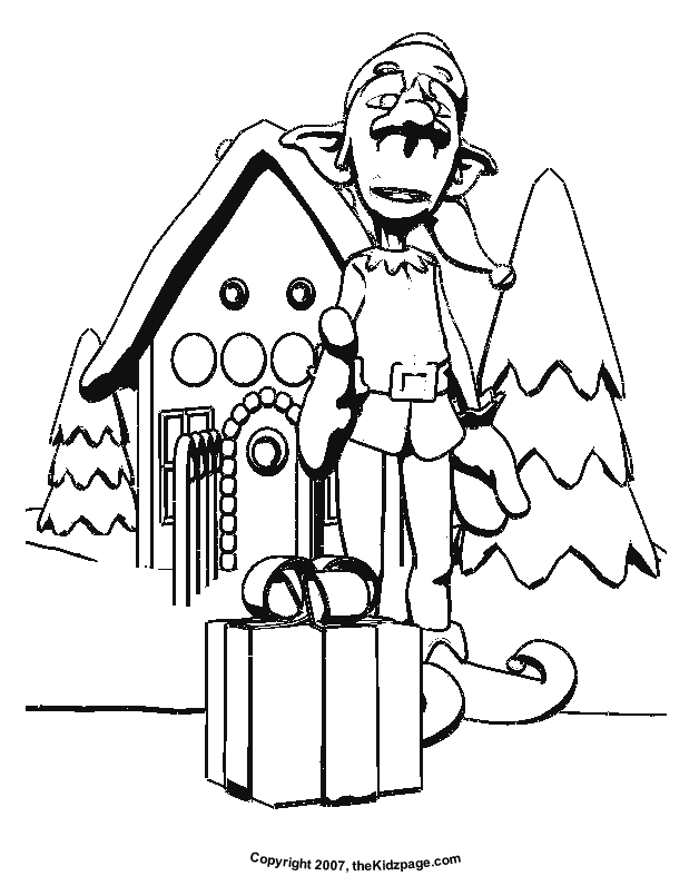 Elf with Gingerbread House Free Coloring Pages for Kids