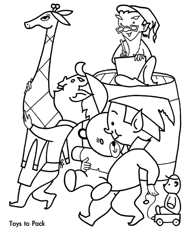 Christmas Eve Coloring Pages - Elves gather the toys Coloring