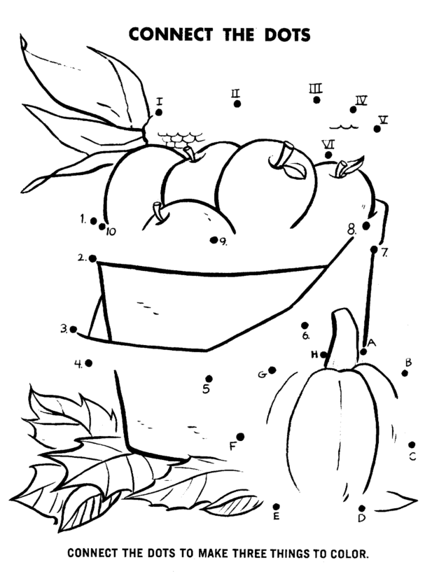 Dot-to-Dot Coloring Activity Pages | Kids Apples, Corn, Pumpkin