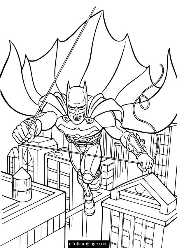 Batman Dark Knight Swinging in Gotham City Coloring Page Printable