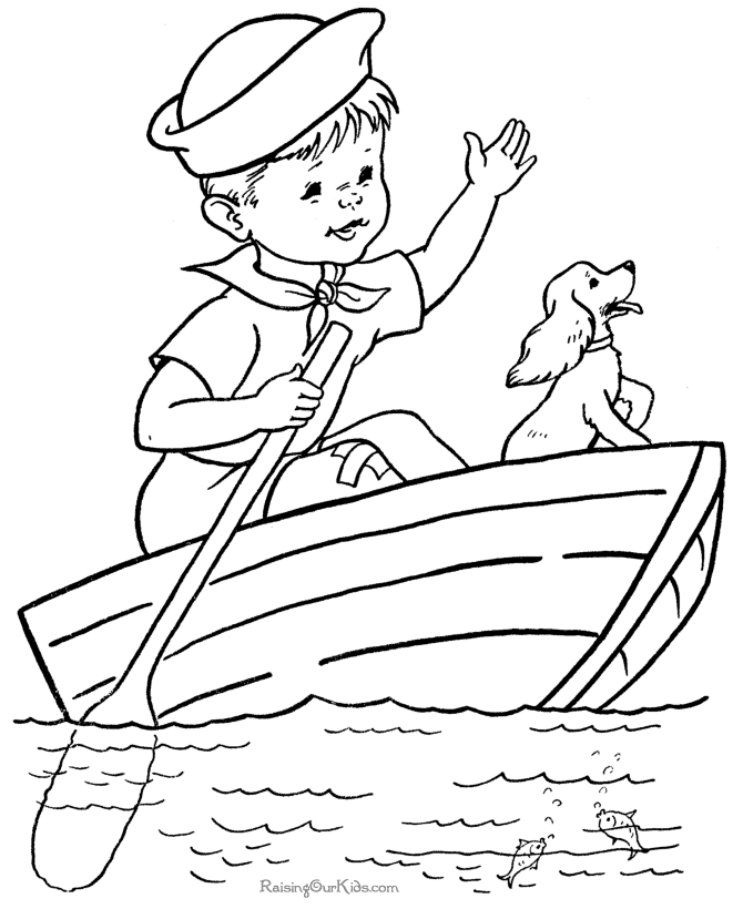 Boy And Dog In The Boat Coloring Pages | Coloring Pages