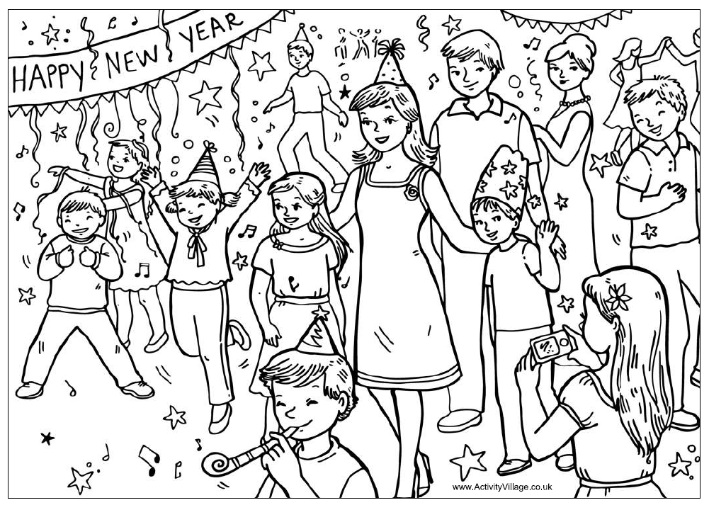 New Year Party Colouring Page for Kids