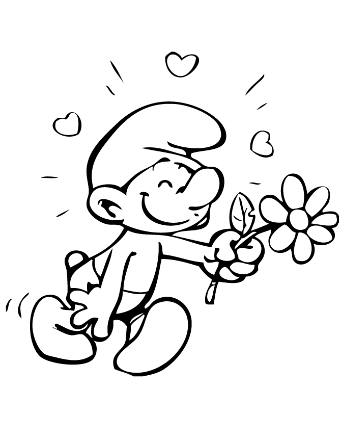 Valentine Smurf With Flower Coloring Page | HM Coloring Pages