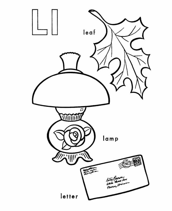 ABC Alphabet Coloring Sheets - L is for Lamp / Leaf | HonkingDonkey