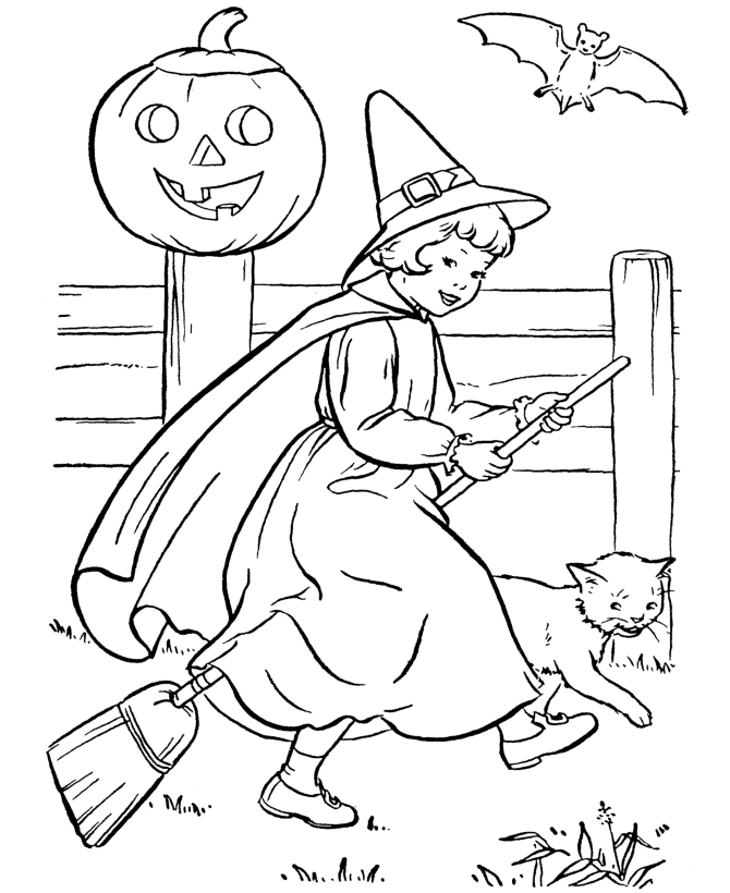 Halloween Witch Coloring Pages -Halloween Witch Girl riding her