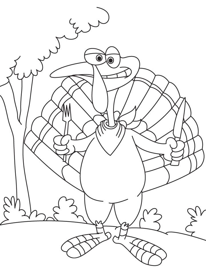 Turkey with knife and fork coloring page | Download Free Turkey