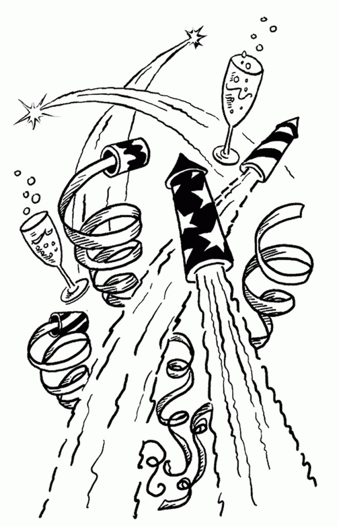 New years day coloring page – Fireworks and champagne | Easy