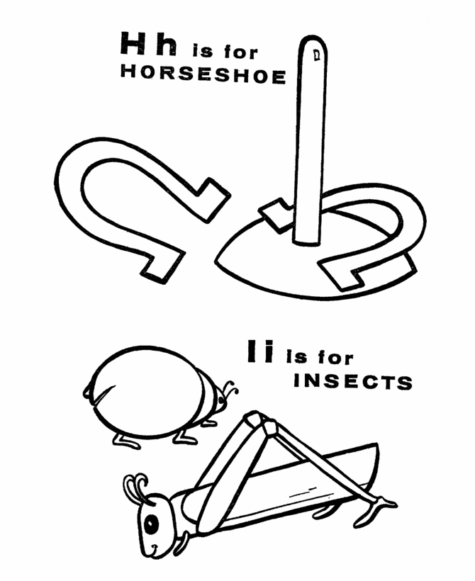 ABC Alphabet Coloring Sheet - H/I is for Horseshoe / Insects