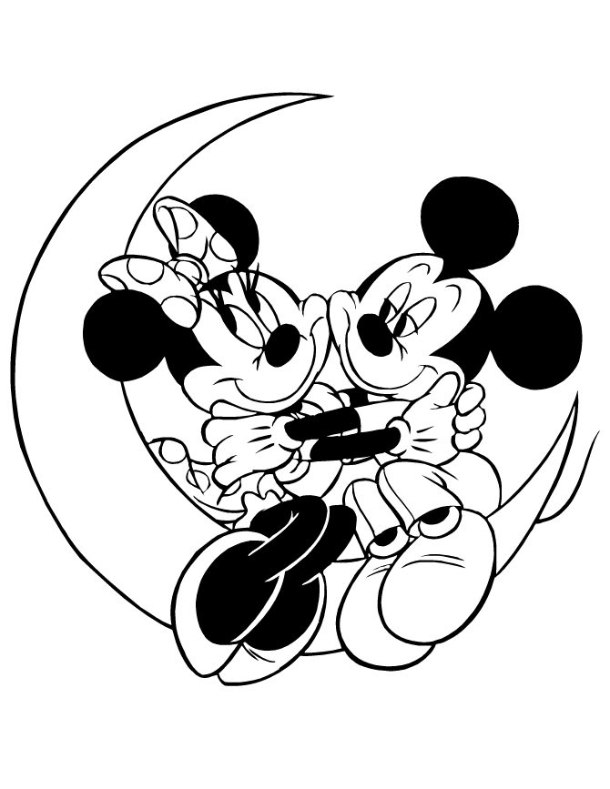 Mickey And Minnie Mouse Sitting On Moon Coloring Page | Free