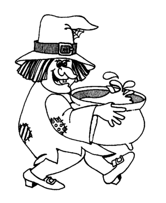 Halloween Witch Coloring Page - Witch carying a cauldron - Free