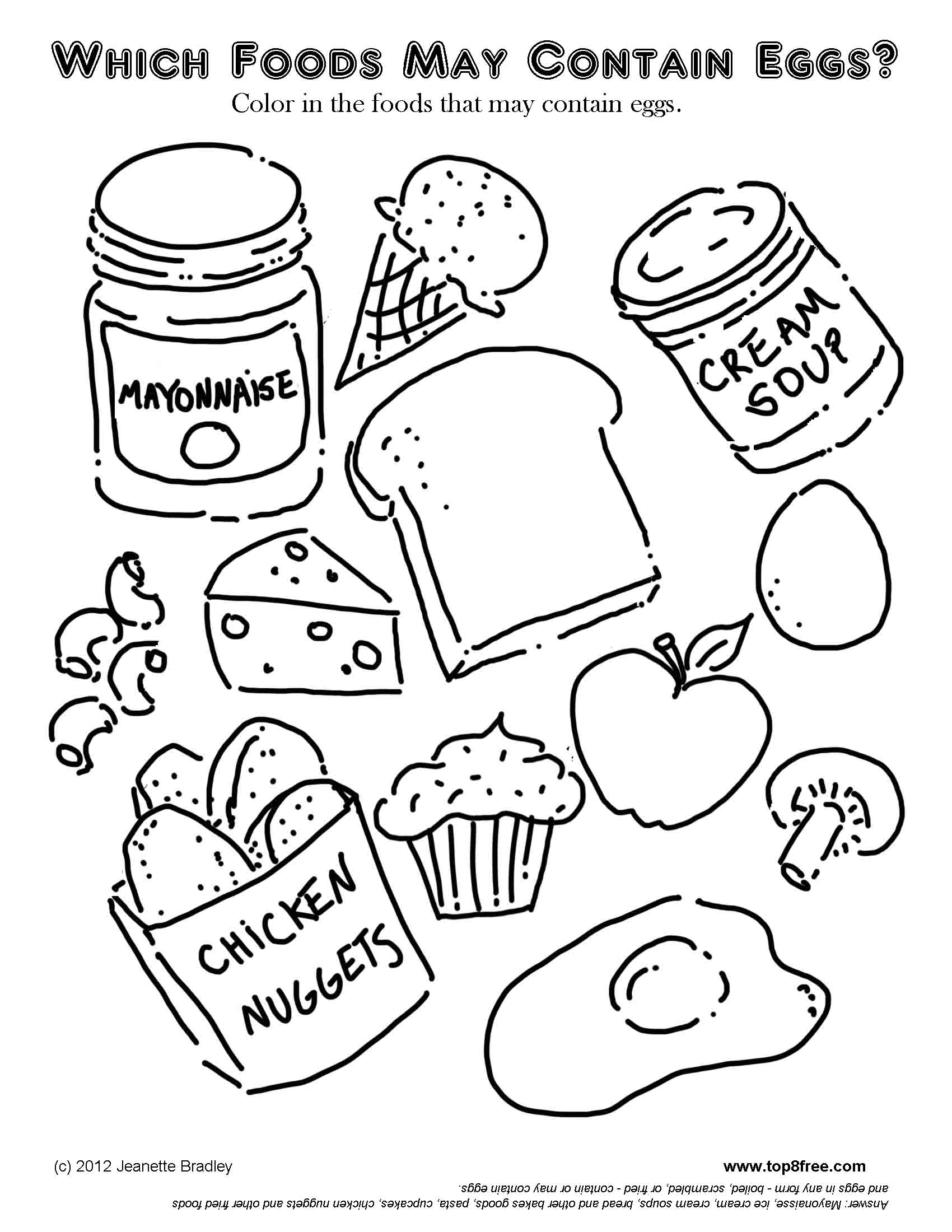 Food containing eggs worksheet - Free Nutrition Coloring Page