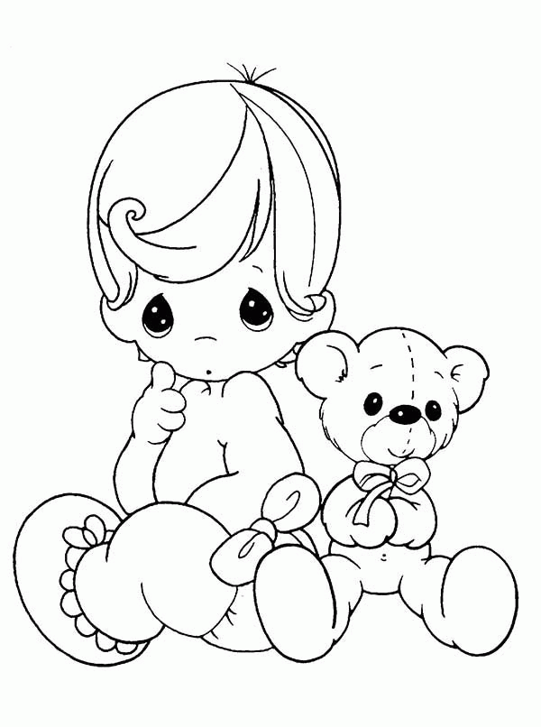 Baby Precious Moments with Her Teddy Bear Coloring Page: Baby ...