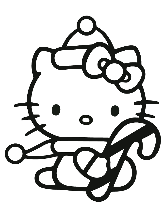 Hello Kitty Holding Candy Cane Coloring Page | Free Printable