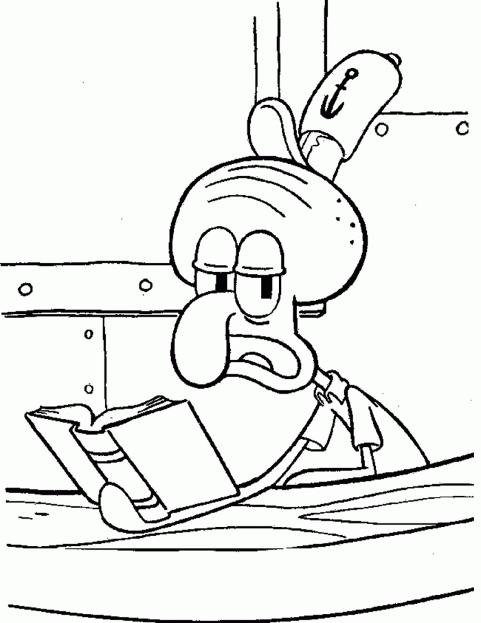 Squidward Reading Book Coloring Page - Spongebob Cartoon Coloring