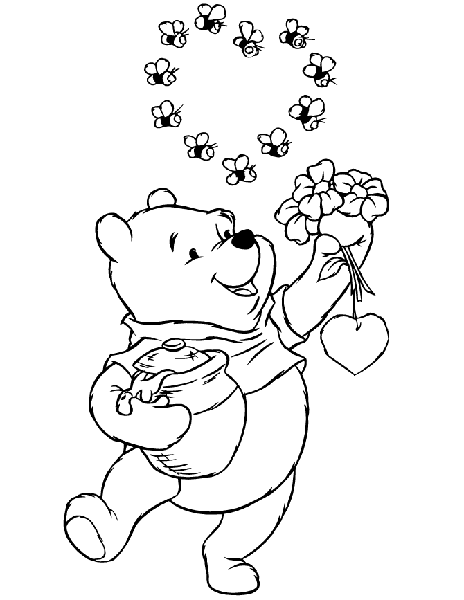 Winnie The Pooh Holding Flowers And Honey Jar Coloring Page | HM