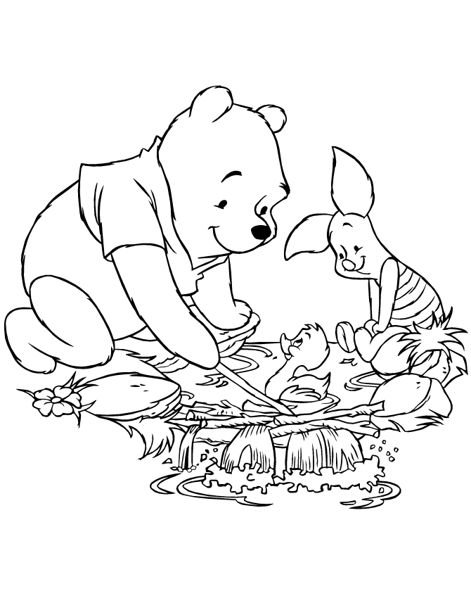 Pooh And Piglet Playing With Duck Coloring Page | HM Coloring Pages