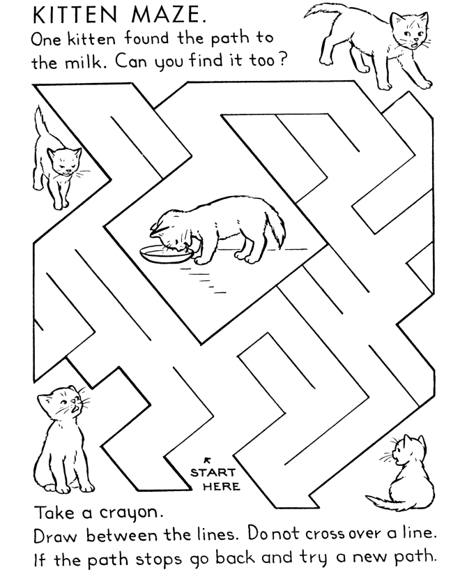 Maze Activity Sheet Pages | Kids Lost Kittens Maze Activity page